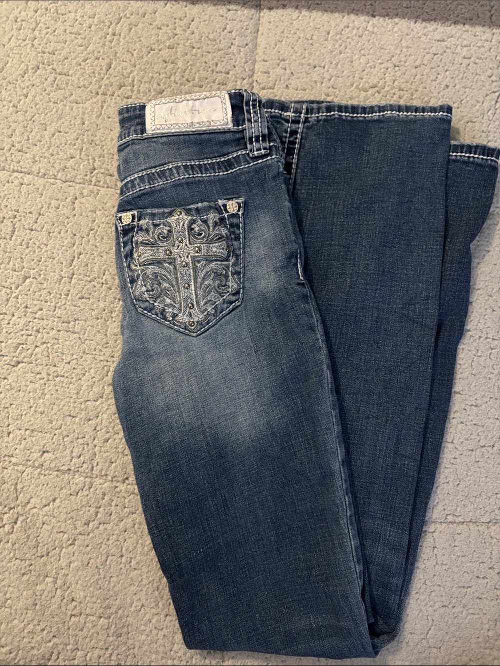 Affliction Dark Blue Boot Cut Jeans with Embellished Cross Pocket